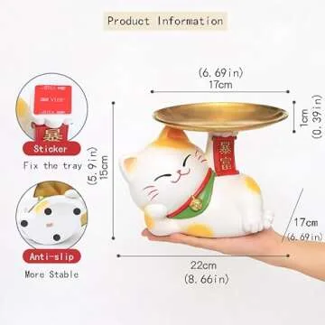Lucky Cat Decorative Tray, Resin Being Rich Cat Statue Entrance Key Holder Snack Storage Tray, Cute Cat Sculpture Candy Bowl for Home Office Table Desk Decoration