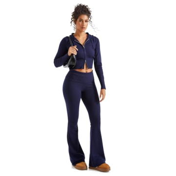 SUUKSESS Women 2 Piece Knit Sets Cropped Zip Up Hoodie Foldover Flare Leg Pants(Navy Blue, S)