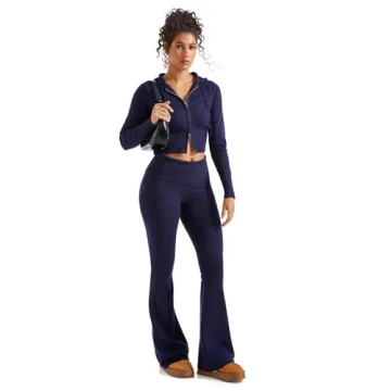 SUUKSESS Women 2 Piece Knit Sets Cropped Zip Up Hoodie Foldover Flare Leg Pants(Navy Blue, S)
