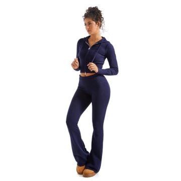 SUUKSESS Women 2 Piece Knit Sets Cropped Zip Up Hoodie Foldover Flare Leg Pants(Navy Blue, S)