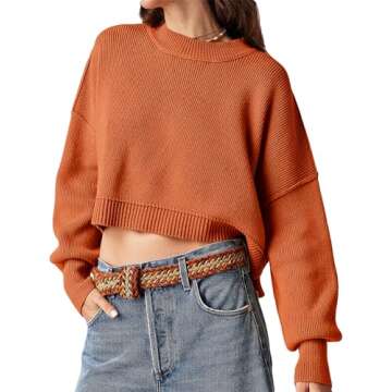 Saodimallsu Womens Crop Sweater Oversized Batwing Long Sleeve Crew Neck Fall Cropped Pullover Sweaters Orange