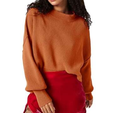 Saodimallsu Womens Crop Sweater Oversized Batwing Long Sleeve Crew Neck Fall Cropped Pullover Sweaters Orange