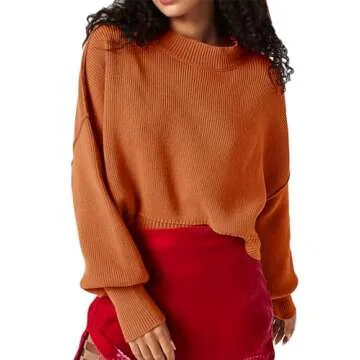 Saodimallsu Womens Crop Sweater Oversized Batwing Long Sleeve Crew Neck Fall Cropped Pullover Sweaters Orange