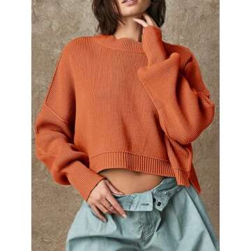 Saodimallsu Womens Crop Sweater Oversized Batwing Long Sleeve Crew Neck Fall Cropped Pullover Sweaters Orange