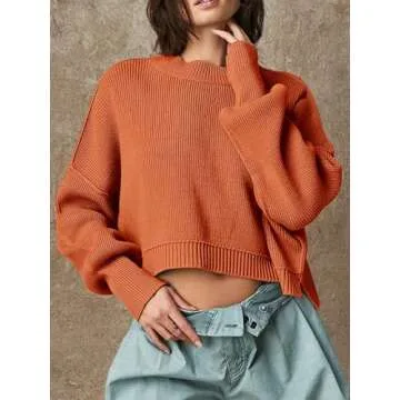 Saodimallsu Womens Crop Sweater Oversized Batwing Long Sleeve Crew Neck Fall Cropped Pullover Sweaters Orange
