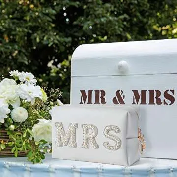 Y1tvei Bride Patch Letter Makeup Bag for Women Bridesmaid Engagement Gift for Her White Pearl Rhinestone Travel Toiletry Bag Make Up Bag Pouch for Purse Bridal Shower Gifts for Engagement Wedding