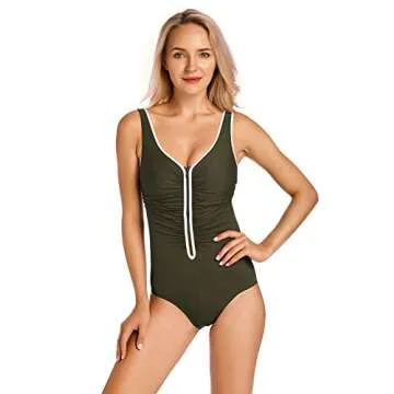 DELIMIRA Women's One Piece Bathing Suit Plus Size Swimsuit Tummy Control Front Zipper Swimwear Dark Olive 14 Plus
