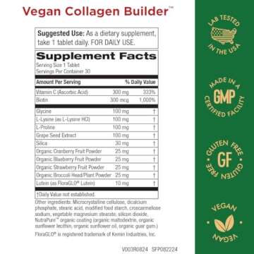 Vegan Collagen Builder - Organic Whole Foods Fruits + Veg, Silica, Lutein, Vitamin C, Biotin, Grape Seed - Amino Acids Glycine, Lysine + Proline Collagen Boosters - Once A Day - 30 Tablets