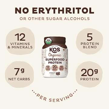 KOS Vegan Protein Powder Erythritol Free, Chocolate - Organic Pea Protein Blend, Plant Based Superfo...