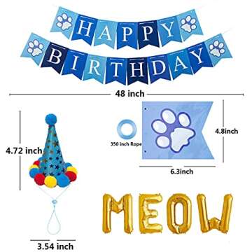 TCBOYING Cat Birthday Bandana, Cat Birthday Boy Girl Hat Scarfs Flag Balloon with Cute Doggie Birthday Party Supplies Decorations