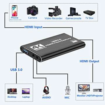 Capture Card Nintendo Switch, Video Game Capture Card 4K 1080P 60FPS, HDMI to USB 3.0 Capture Card for Streaming Work with PS4/PC/OBS/Camera