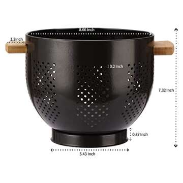 Metal Colander with Wood Handle and Stable Base, Powder Coated Steel Kitchen Strainer Basket for Dra...