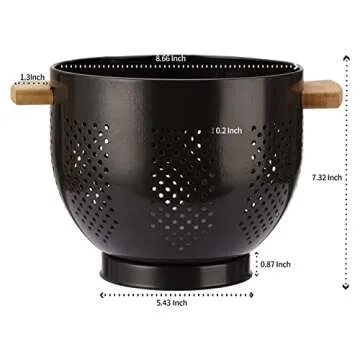 Metal Colander with Wood Handle and Stable Base, Powder Coated Steel Kitchen Strainer Basket for Dra...