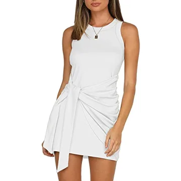 LIYOHON Women's Summer Casual Beach Dress Sleeveless Ruched Tie Tank Bodycon Wrap Mini Dresses White...