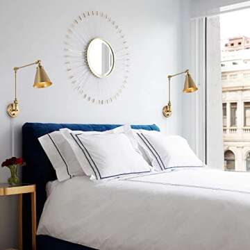 WINGBO Farmhouse Swing Arm Wall Sconce Set of 2, Industrial Adjustable Wall Lamp Light Fixture for Living Room Bedroom Vanity Study Desk Office, Plug in or Hardwired, Brass