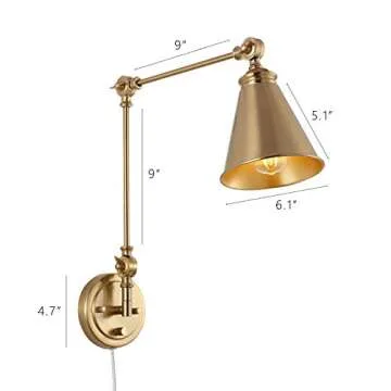 WINGBO Farmhouse Swing Arm Wall Sconce Set of 2, Industrial Adjustable Wall Lamp Light Fixture for Living Room Bedroom Vanity Study Desk Office, Plug in or Hardwired, Brass