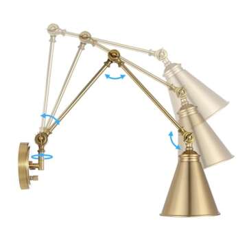 WINGBO Farmhouse Swing Arm Wall Sconce Set of 2, Industrial Adjustable Wall Lamp Light Fixture for Living Room Bedroom Vanity Study Desk Office, Plug in or Hardwired, Brass