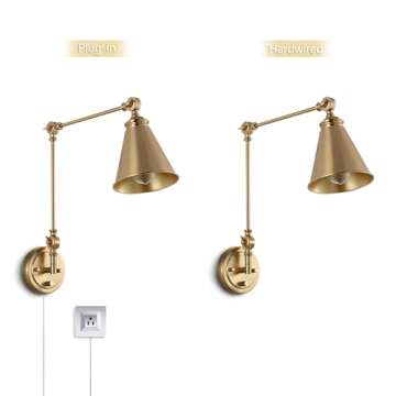 WINGBO Farmhouse Swing Arm Wall Sconce Set of 2, Industrial Adjustable Wall Lamp Light Fixture for Living Room Bedroom Vanity Study Desk Office, Plug in or Hardwired, Brass