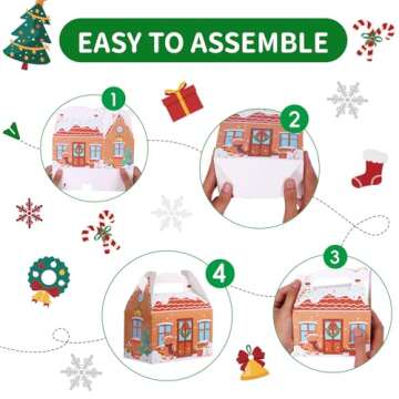 Moretoes 24pcs Christmas Cookie Boxes, Xmas 3D House Cardboard Treat Boxes Gift Wrap Boxes for Candy, Gift Boxes, Holiday Party Favor Supplies, Christmas Goodie Boxes for Gift 6x3.5x6in