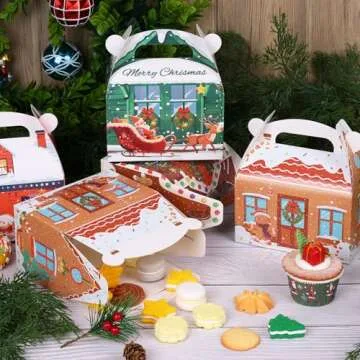 Moretoes 24pcs Christmas Cookie Boxes, Xmas 3D House Cardboard Treat Boxes Gift Wrap Boxes for Candy, Gift Boxes, Holiday Party Favor Supplies, Christmas Goodie Boxes for Gift 6x3.5x6in