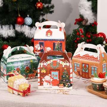 Moretoes 24pcs Christmas Cookie Boxes, Xmas 3D House Cardboard Treat Boxes Gift Wrap Boxes for Candy, Gift Boxes, Holiday Party Favor Supplies, Christmas Goodie Boxes for Gift 6x3.5x6in