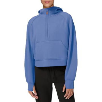 LASLULU Women's Fleece Lined Cropped Athletic Hoodie, Blue, Small