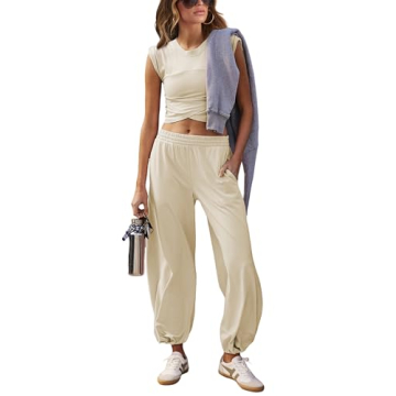 Springrain Womens Two Pieces Outfits Casual Lounge Sets Cropped Tops Sweatpants Tracksuit with Pocke...