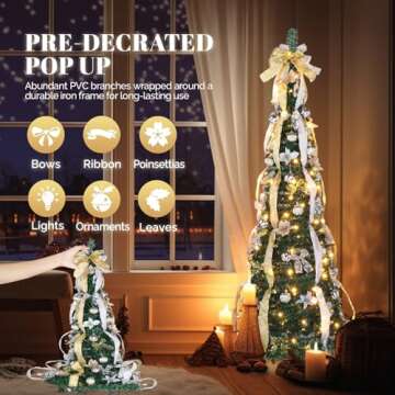 VINGLI 6ft Pop up Artificial Christmas Pine Tree with 150 Warm White Lights, Xmas Tree Holiday Party Decorations with Sturdy Metal Stand (Gold&Silver)
