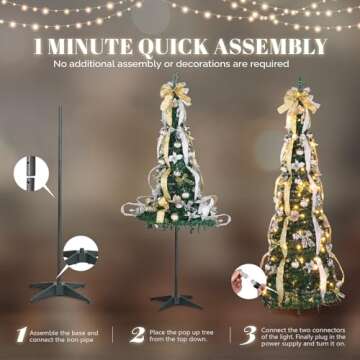 VINGLI 6ft Pop up Artificial Christmas Pine Tree with 150 Warm White Lights, Xmas Tree Holiday Party Decorations with Sturdy Metal Stand (Gold&Silver)