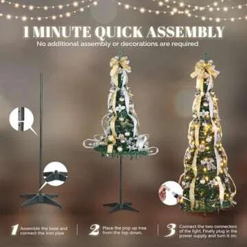 VINGLI 6ft Pop up Artificial Christmas Pine Tree with 150 Warm White Lights, Xmas Tree Holiday Party Decorations with Sturdy Metal Stand (Gold&Silver)