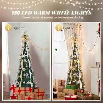 VINGLI 6ft Pop up Artificial Christmas Pine Tree with 150 Warm White Lights, Xmas Tree Holiday Party Decorations with Sturdy Metal Stand (Gold&Silver)