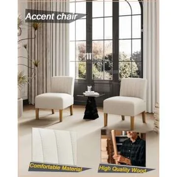 Armless Accent Chairs Set of 2 for Bedroom, Bedroom Chair for Bedroom Living Room Chair with Solid Wood Legs, Makeup Vanity Chair Fabric Comfy Upholstered Reading Chair Accent Chair,Beige