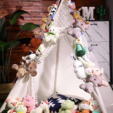 Yalikop 2 Pieces Stuffed Animals Storage Chain Organizer with 40 Plastic Clips 79 Hanging Stuffed Animal Display Holder for Wall Play Room Storage Decor