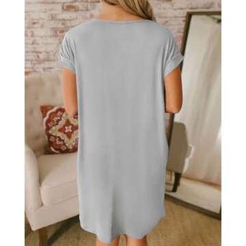 BTFBM Women V Neck Short Sleeve Summer Dresses 2025 Spring Casual Loose Tunic Short T-Shirt Dress Pajamas with Pockets(Grey, Large)