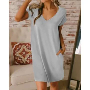 BTFBM Women V Neck Short Sleeve Summer Dresses 2025 Spring Casual Loose Tunic Short T-Shirt Dress Pajamas with Pockets(Grey, Large)
