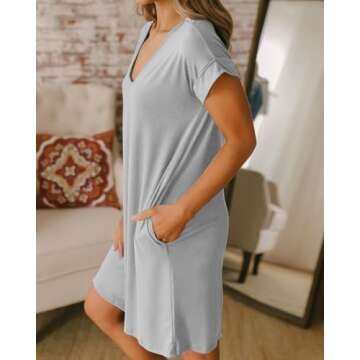 BTFBM Women V Neck Short Sleeve Summer Dresses 2025 Spring Casual Loose Tunic Short T-Shirt Dress Pajamas with Pockets(Grey, Large)
