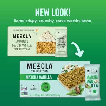Mezcla Vegan Protein Bars, Gluten Free Snack Made with Pumpkin Seeds, Pea Protein, Organic Vanilla and Other Premium Ingredients, Healthy Snacks, Matcha Vanilla, 10g of Protein, 12 Pack
