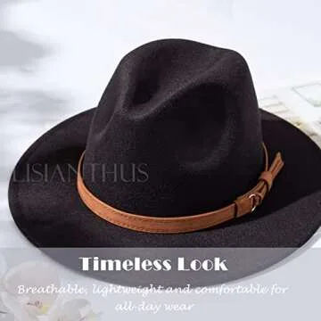Lisianthus Men & Women Vintage Wide Brim Fedora Hat with Belt Buckle A-Black 56-58cm