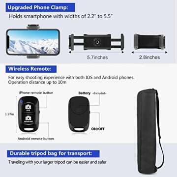 Aureday 74’’ Tripod with Wireless Remote & Phone Holder