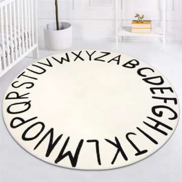 LIVEBOX ABC Play Room Round Kids Rug Circle for Playroom, Learning Nursery Rug Alphabet Washable Rug for Baby Boy and Girl Bedroom, Non-Slip Educationa Carpet for Toddlers (59",Black,Beige)