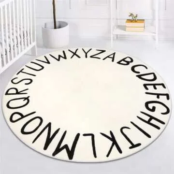 LIVEBOX ABC Play Room Round Kids Rug Circle for Playroom, Learning Nursery Rug Alphabet Washable Rug for Baby Boy and Girl Bedroom, Non-Slip Educationa Carpet for Toddlers (59",Black,Beige)