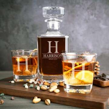 Personalized 5 pc Whiskey Decanter Set - 9 Design Options - Limited Edition, Custom Liquor Decanter | 25 Oz, 750ml Liquor Decanter w/ 4pcs Whiskey Glass Set #1