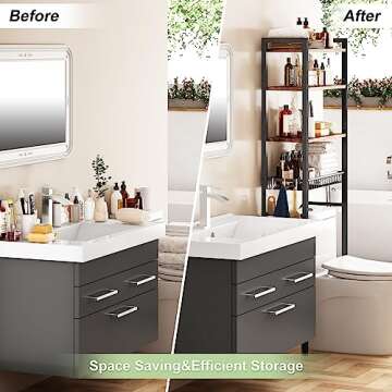 Kalrin Over-The-Toilet Storage Rack, 4-Tier Bathroom Organizer Shelf Over Toilet with Adjustable Shelf and Basket, Freestanding Space Saver Bathroom Shelves Above Toilet for Room (Vintage Brown)