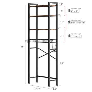 Kalrin Over-The-Toilet Storage Rack, 4-Tier Bathroom Organizer Shelf Over Toilet with Adjustable Shelf and Basket, Freestanding Space Saver Bathroom Shelves Above Toilet for Room (Vintage Brown)