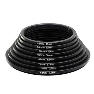 Fotasy Filter Step Down Ring Set, Anodized Metal Black, 8 Stepping Down Lens Adapter Rings, 82-77mm 77-72mm 72-67mm 67-62mm 62-58mm 58-55mm 55-52mm 52-49mm Step Down Ring (SRD)