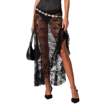 Women Lace Long Skirts Sheer Mesh See Through Midi Skirt Y2K Boho Flowy Skirt Summer Beach Maxi Skir...