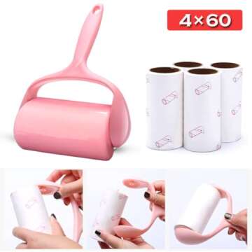 Sticky Lint Roller, Pet Hair Roller, Dog & Cat Hair Remover Kit,4 Refills 240 Sheets, Lint Brush for Clothes, Carpet, Car Seats, Dust, Dogs, Handle (1Handle+4Refills)