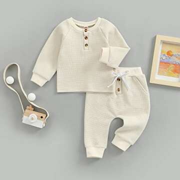 CIYCUIT Toddler Baby Boy Clothes Long Sleeve Waffle Sweatshirt Pants Set 0 6 12 18 24 Months 2T 3T Fall Winter Outfits Beige 6-12 Months