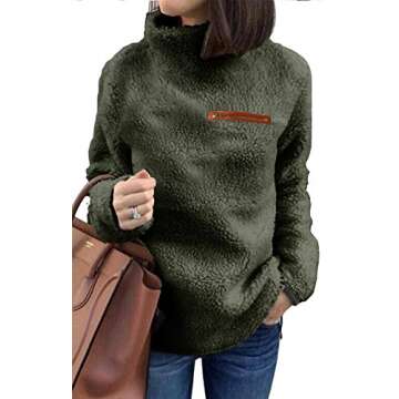 onlypuff Military Green Sherpa Warm Tops for Women Pullover Fleece Fuzzy Sweatshirt Tunic Tops L