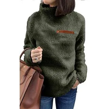onlypuff Military Green Sherpa Warm Tops for Women Pullover Fleece Fuzzy Sweatshirt Tunic Tops L